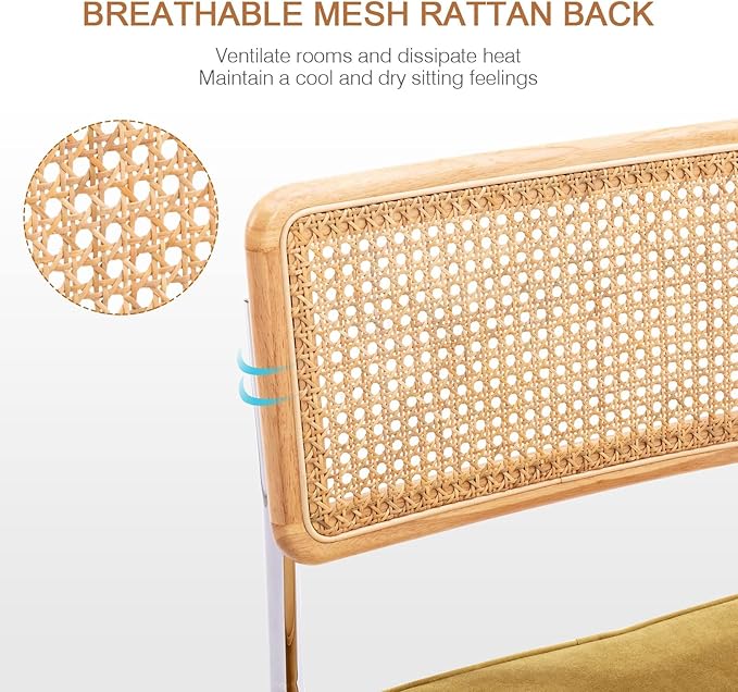 Zesthouse Natural Rattan Counter Stools Set of 3, 26" Mid Century Modern Bar Stools with Solid Wood Frame & Chrome Base, Upholstered Velvet Counter Height Barstools for Kitchen Island, Yellow