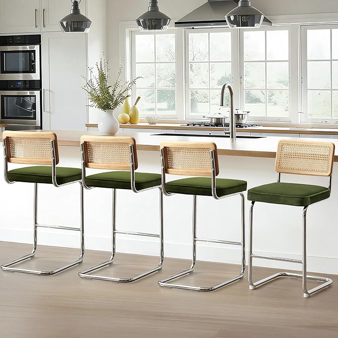 Zesthouse Natural Rattan Counter Stools Set of 4, Olive Green Modern Bar Stools with Solid Wood Back & Chrome Base, 26" Velvet Counter Height Barstools, Mid Century Cesca High Chair for Kitchen Island