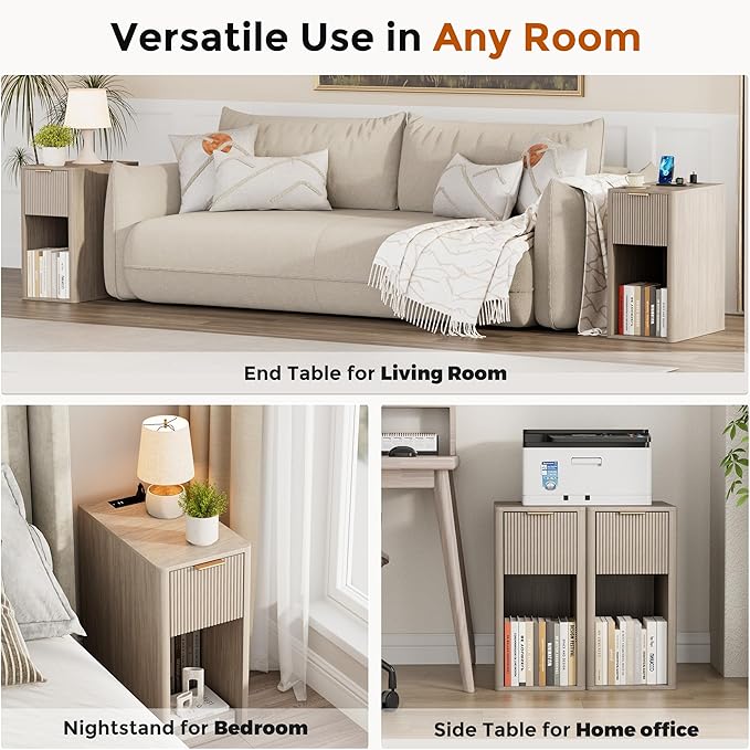Homleke Narrow End Table with Fluted Drawer and Charging Station, Small Nightstand with USB Ports & Outlets, Bedside Table for Bedroom or Living Room, Modern Accent Table, Light Gray Birch