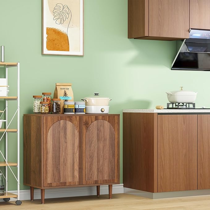 Bifins 63” Fluted Sideboard Buffet Cabinet with Storage,Mid Century Modern Small Wood Storage Cabinet with Arched Profile for Dining Room Kitchen Living Room