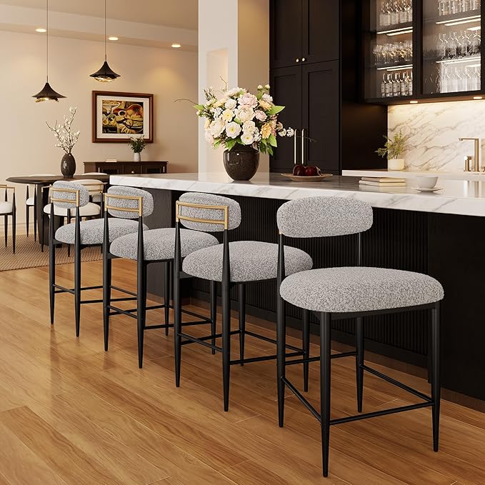 Morden Fort Counter Height Bar Stools Set of 2, Modern Upholstered Counter Stools with Black Metal Legs and Gold Accent, 26" Boucle Island Chairs for Kitchen and Home Bar
