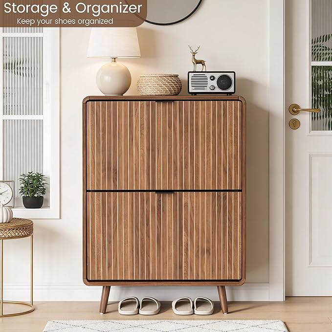 FurSch Fluted Shoe Storage Cabinet with 2 Flip Drawers, Narrow Shoe Rack Cabinet Organizer with Adjustable & Removable Shelves for Entryway (All Walnut, 2 Drawers)