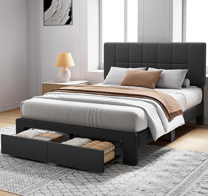 Pipishell Full Bed Frame with 2 Storage Drawers, 12 Sturdy Legs, Solid Wooden Bed Base with Upholstered Headboard for 6″ to 14″ Mattresses, 1300 lbs High Weight Capacity, Easy Assembly, Dark Gray