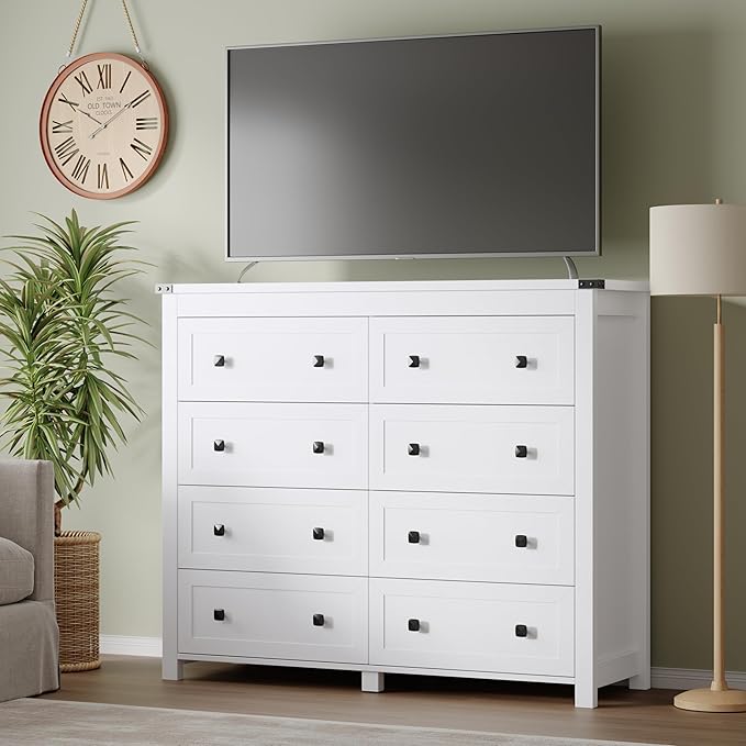 BORNOON Tall 8-Drawer Dresser, Modern Wooden Storage Chest of Drawers, Dresser TV Stand, Wood Drawer Organizer with Metal Handles for Bedroom, Living Room, Hallway