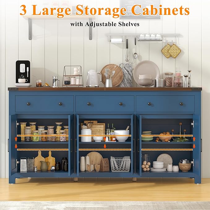 VVFLU 71" Large Sideboard Buffet Cabinet with Storage, Modern Farmhouse Coffee Bar with 3 Drawers and 6 Barn Doors, Dining Room Storage Cabinet, for Kitchen, Living Room, White Wood, Blue Wood
