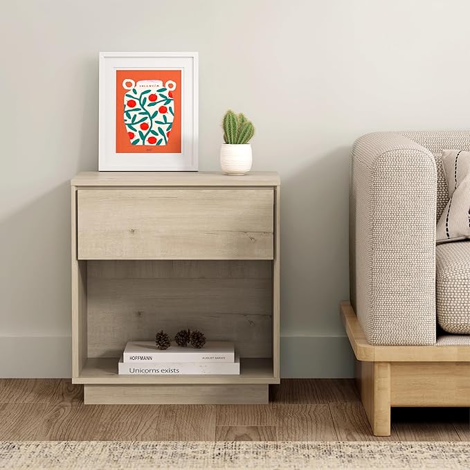 EYYTHUNG Modern Nightstand, Wood End Side Table with Storage and Open Shelf, Farmhouse Accent Night Stand Bedside Table for Bedroom, Light Oak