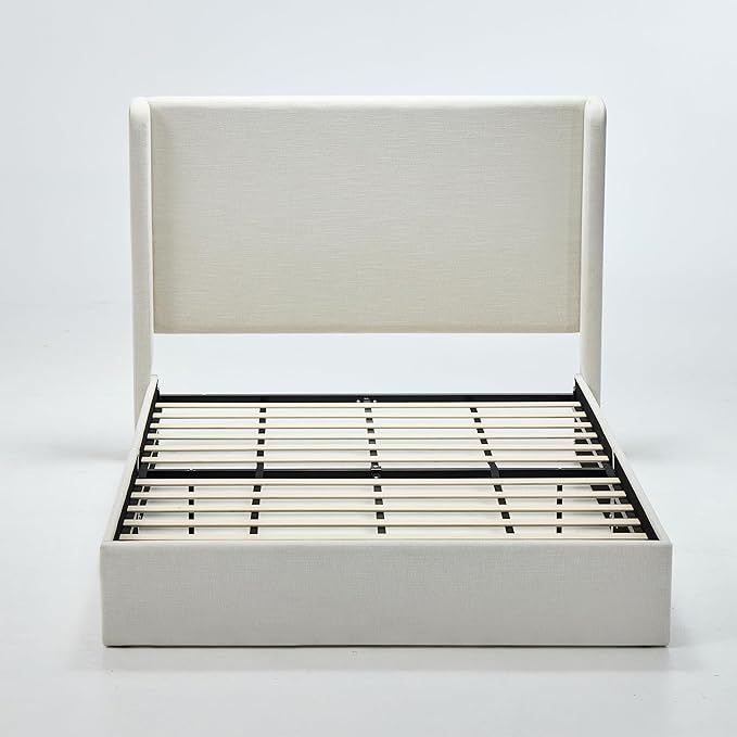 Queen Size Upholstered Platform Bed Frame, 54" High Headboard Carmen Wingback Bed, Fully Upholstered Mattress Foundation, No Box Spring Needed No Noise, Minimalist, Textured Ivory