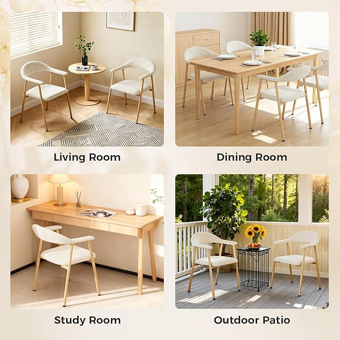 DUMOS Set of 2 Beige Linen Fabric Upholstered Dining Chairs, Modern Farmhouse Kitchen Side Chairs with Curved Backrest and Metal Legs, Accent Chairs for Dining Room, Restaurant, Cafe