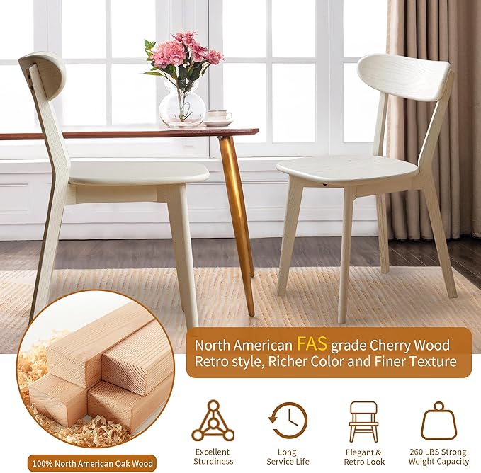 Modern Dining Chairs Set of 6, Solid Oak Wood Dining Chair with Comfortable Backrest, Sturdy Wooden Chairs for Kitchen, Dining Room, White