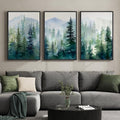 Large Framed Green Forest Landscape Wall Art for Living Room, 3 Piece Pine Tree Foggy Mountain Watercolor Canvas Artwork for Walls, Nature Scenic Modern Wall Decor for Dining Room Hallway, 24x36 Inch