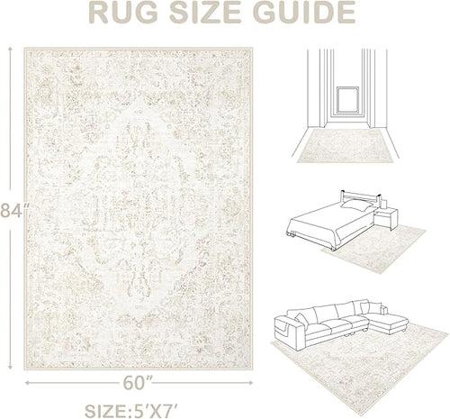 5x7 Area Rugs for Living Room: Washable Rug Vintage Large Rugs Soft Non Slip Low Pile Rug Floral Distressed Floor Carpet for Bedroom Kitchen Nursery Dining Room Home Office (Beige, 5'x7')