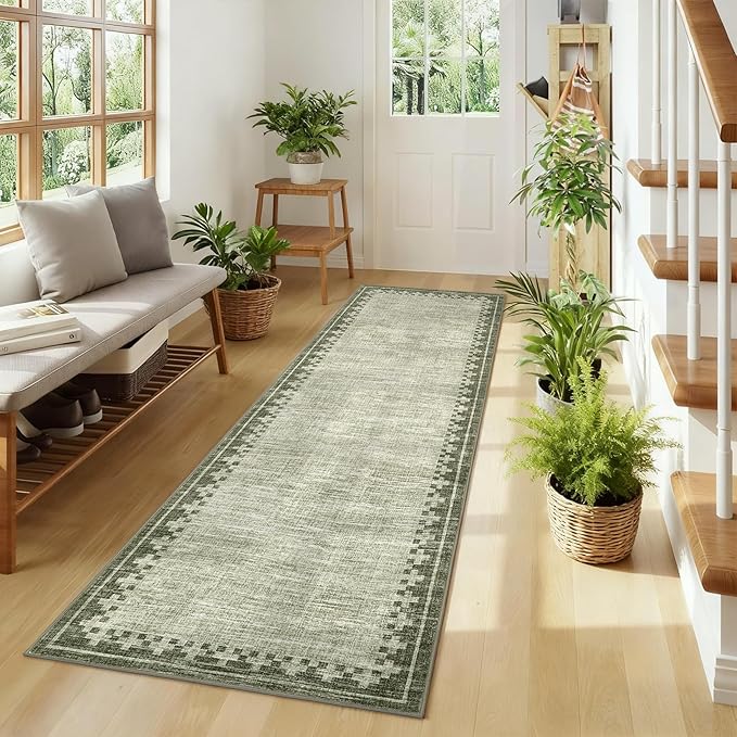 GarveeHome Modern Bordered Runner Rug 2x6 for Hallway Non Slip Low Pile Neutral Kitchen Runner Rugs Washable Bedroom Throw Carpet Geometric Cross Runners Mat for Living Room Nursery Laundry, Green