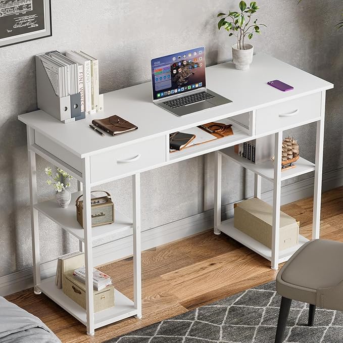 Sweetcrispy Computer Gaming Desk with Fabric Drawers - 48 Inch Home Office Bedroom Writing StudyTable with Storage Shelves Adjustable Feet PC Desk, White