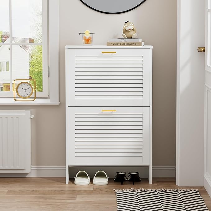 Shoe Cabinet Storage, Hidden Shoe Organizer, Modern Freestanding Organizer with 2 Flip Drawers Louvered Shoe Cabinet for Entryway (White, 2 Drawers)