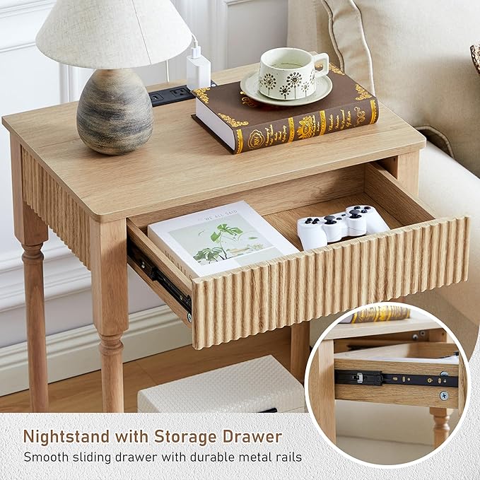 XUZENEST Fluted Nightstand with Charging Station, 23.6” Large Bed Side Table End Table with Drawer, Modern Mid Century Solid Wood Legs Night Stands Bedside for Bedroom Living Room Sofa Office, Natural