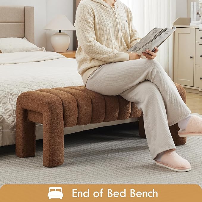 43" Upholstered Boucle Bench Bedroom, Padded Ottoman Bench, Sherpa Window Seat for Living Room Entryway End of Bed, Rust Brown