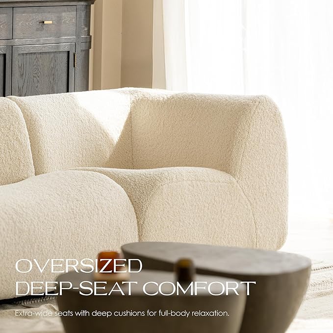 Loveseat Modular Sofa, 2-Piece Curved Sectional Couches with High-Density Foam, 76" Boneless Sherpa Deep Seat Couch with Armrest, Cloud Soft Lounge Modern Sofas for Living Room – No Assembly, White