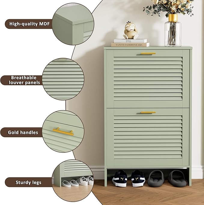 Shoe Cabinet Storage, Hidden Shoe Organizer, Modern Freestanding Organizer with 2 Flip Drawers Louvered Shoe Cabinet for Entryway (Green, 2 Drawers)