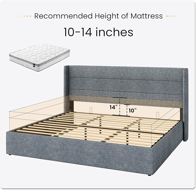 SHA CERLIN King Size Lift Up Storage Bed/Modern Wingback Headboard/Upholstered Platform Bed Frame/Hydraulic Storage/No Box Spring Needed/Wood Slats Support/Grey Blue