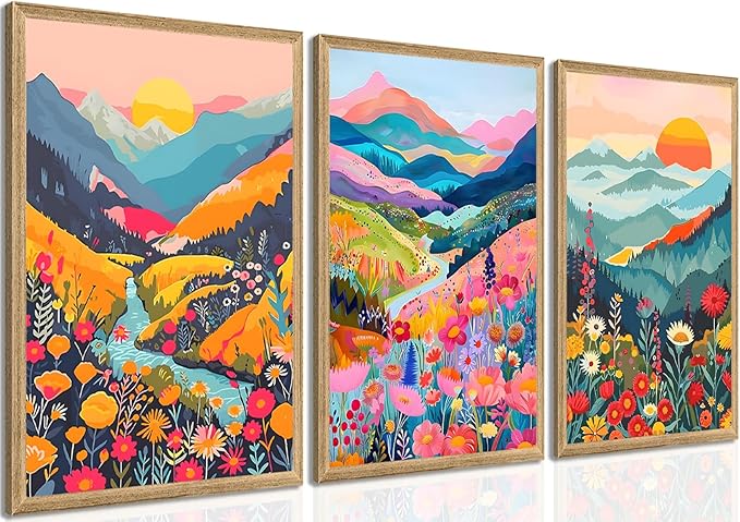 Yudinbin Colorful Mountain Poster Wall Art Set of 3 Boho Watercolor Flower Picture Wall Decor Abstract Nature Landscape Artwork Paintings Print for Living Room Bedroom Office 16x24In Unframed