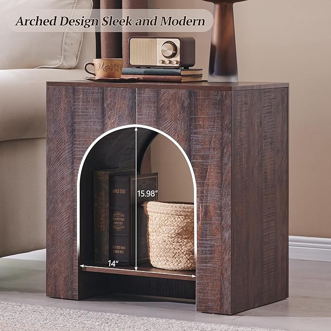 Arched End Table Set of 2 with Type-C Charging Station, 22" Modern Bedroom NightStand with Arched Shelf, Side Table with Outlet, USB, Type-C Port for Bedroom, Brown