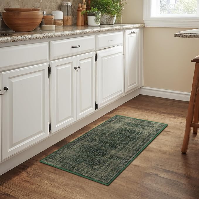 Dark Green 2x3 Small Entryway Rug, Distressed Vintage Front Door Mat Indoor Entrance Washable Low Pile, Kitchen Bathroom Throw Area Rugs Non Slip, Moody Decor Small Carpet for Bedroom