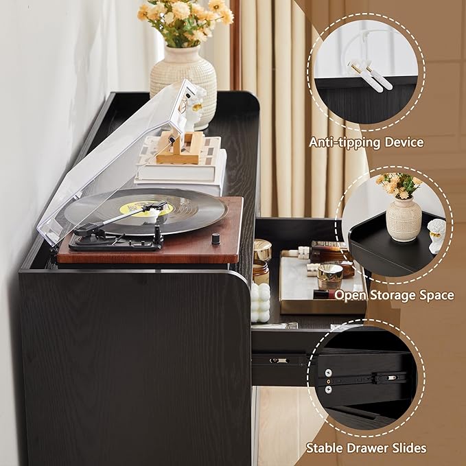 Curved 6 Drawer Dresser for Bedroom, Modern 53-Inch Chest of Drawers, Wood Storage Dresser Organizers with Hidden Handles, 6 Drawer Dressers for Bedroom, Nursery, Living Room, Black