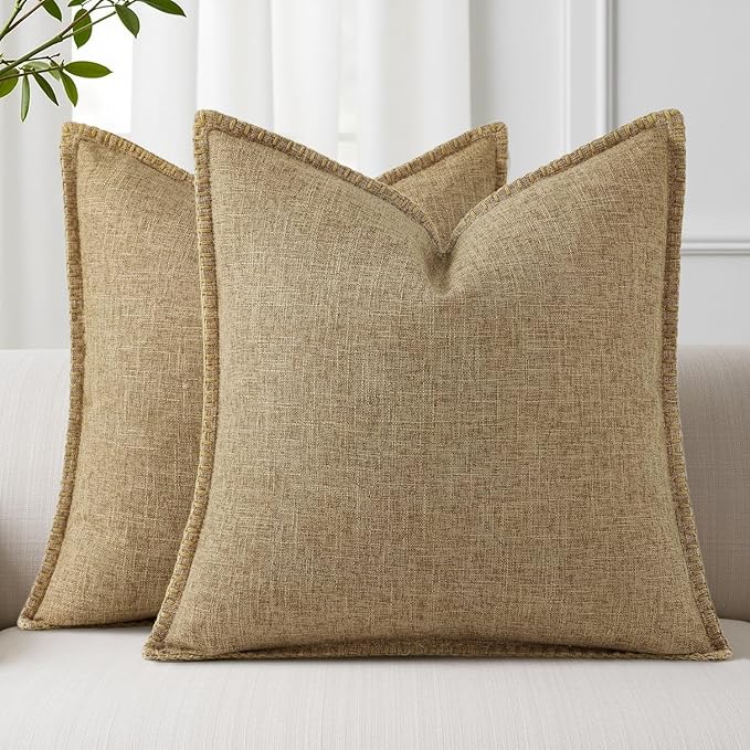 decorUhome Summer Decorative Throw Pillow Covers 24x24 Set of 2 Square Faux Linen Farmhouse Euro Sham Pillow Covers with Stitched Edge Outdoor Neutral Pillow Covers for Couch Sofa Living Room, Khaki