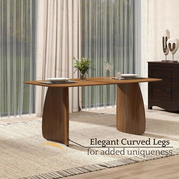 LukeAlon Modern Wooden Dining Table for 6 to 8 People, 71" Large Kitchen Dining Table with Wood Pedestal Base Mid Century Walnut Rectangular Long Dinner Table for Home Dining Room Restaurant, Brown
