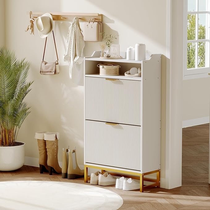 IDEALHOUSE Modern Shoe Cabinet with 2 Flip Drawers & Open Storage Shelf,Shoes Rack with Adjustable Levels,Gold Metal Handles&Fluted Panel for Entryways, Hallways, or Living Rooms(White Color)
