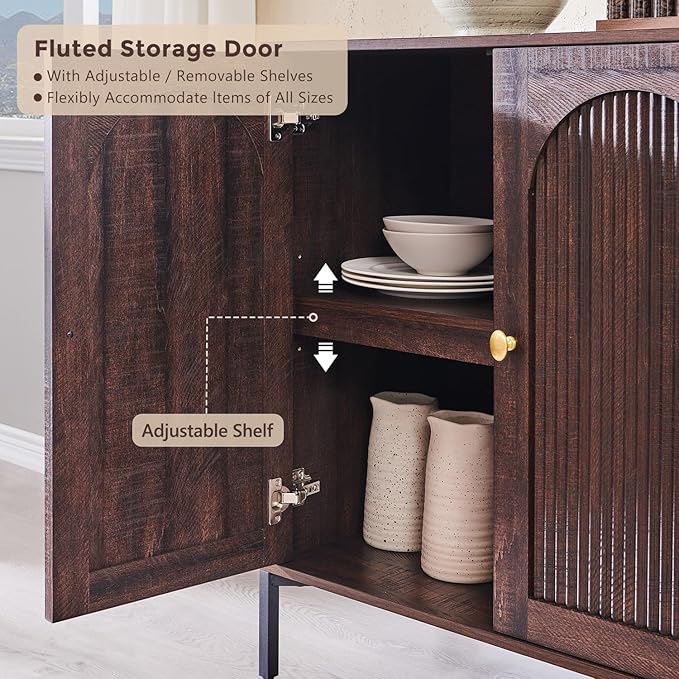 IFGET Modern Buffet Cabinet with Storage, 34" Tall Fluted Arched Sideboard Cabinet w/Adjustable Shelves, Wooden Modular Coffee Bar for Dining Room, Kitchen, Living Room, Entryway, Brown