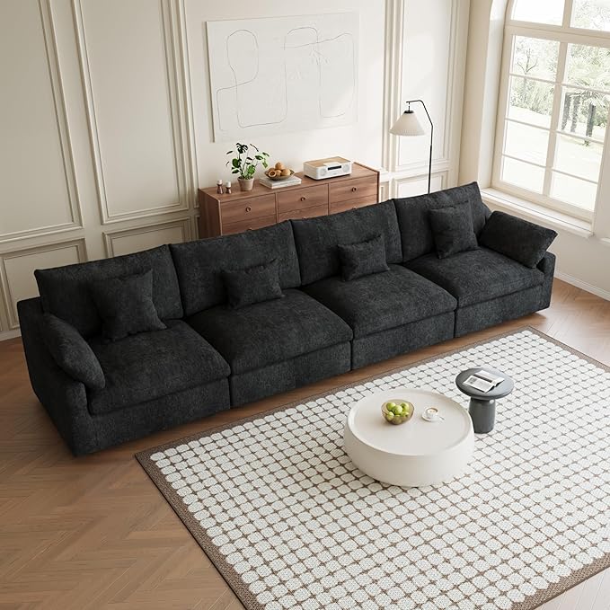 Modular Sectional Sofa Cloud Couch, 155.9" Oversized 4 Seater Sofa Couch with Pillows, Linen Blend Fabric Minimalist Deep Seat Couches for Living Room, Sofa Covers Washable&Removable, Black