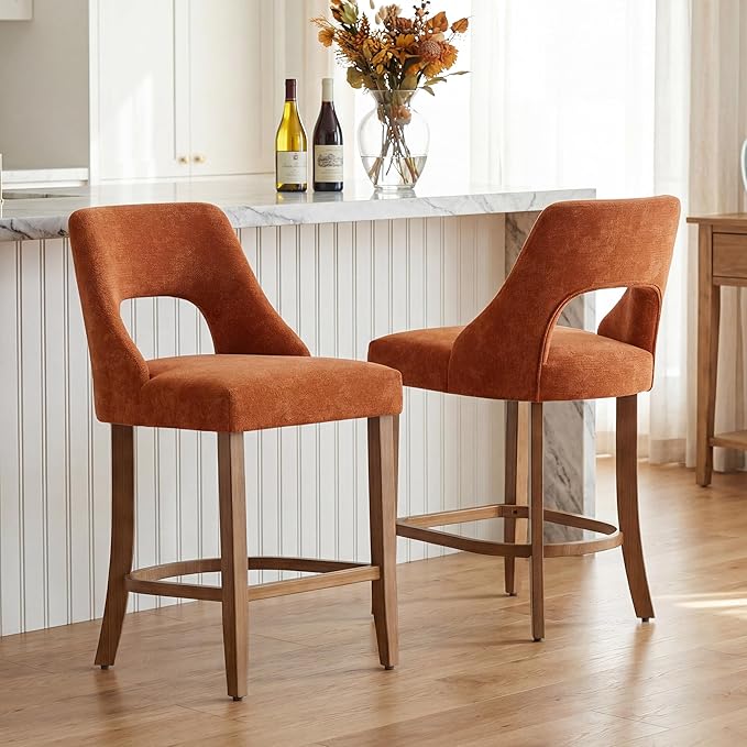 UVV Bar Stools Set of 4, Upholstered Counter Height Bar Stools, Modern Counter Stools with Wood Legs for Kitchen Island Dining Room Bar, Orange