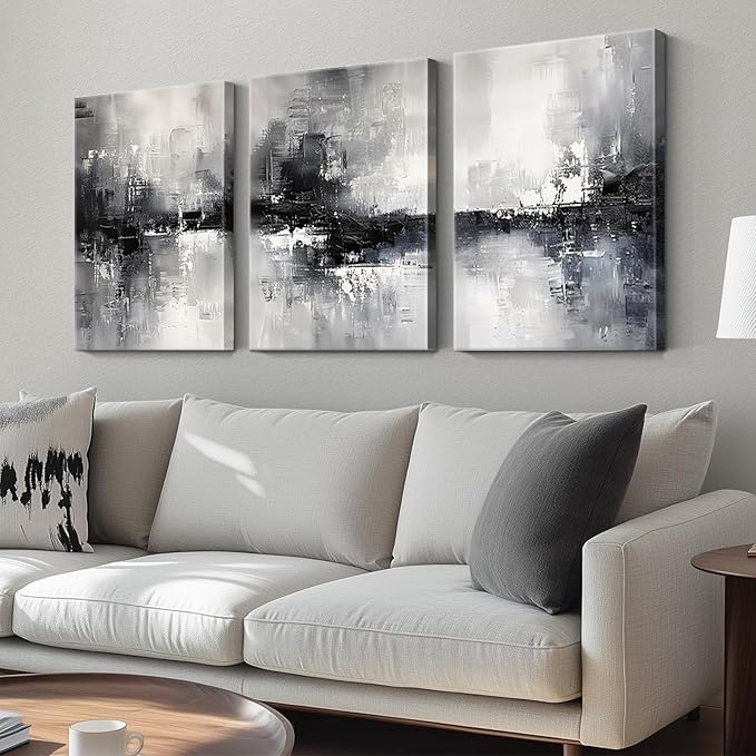 Dytila 3 Piece Large Black And White Abstract Canvas Wall Art for Living Room, Black And Grey Wall Decor, Modern Minimalist Art Print Pictures, Home Artwork - Dining Room Office Framed 12x16 Inch