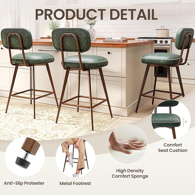 MALOL 26“ Swivel Bar Stools Set of 2, Mid Century PU Leather Counter Height Bar Chairs with Low Back and Metal Legs, Modern Bar Stool Chair for Kitchen Island, Green