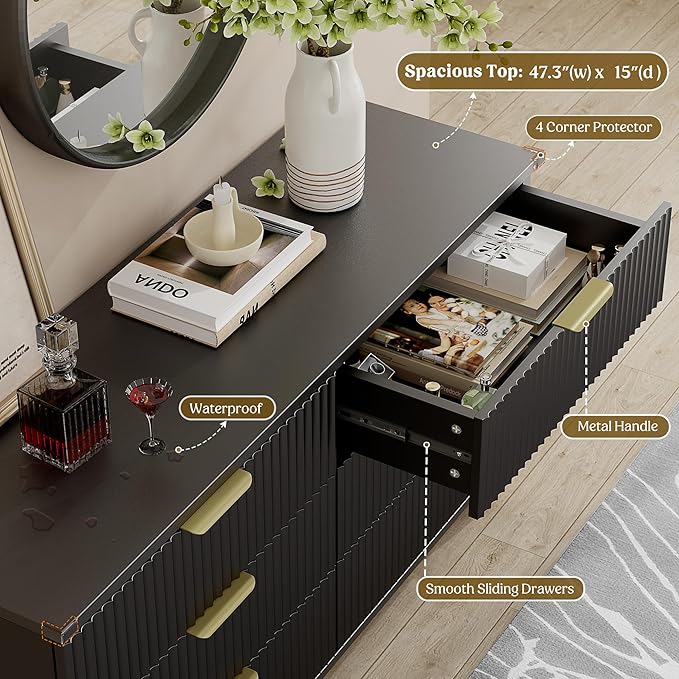 Lulive Modern Dresser and Nightstand Sets 3-Piece, 6-Drawer Dresser + 2 Nightstands Bedroom Sets with Solid Wood Legs (Black)