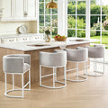 ClinQ 26" H Counter Height Bar Stools Set of 4, Modern Barrel Counter Stools with Backrest and Arms, White Metal Frames, Linen Fabric Upholstered Accent Barstools for Kitchen Island, Light Grey