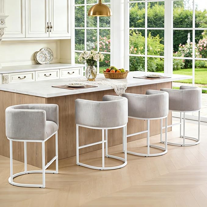 ClinQ 26" H Counter Height Bar Stools Set of 2, Modern Barrel Counter Stools with Backrest and Arms, White Metal Frames, Linen Fabric Upholstered Accent Barstools for Kitchen Island, Light Grey