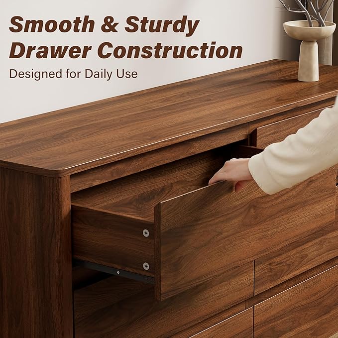 Furniway 55" Mid-Century Modern Dresser for Bedroom, 6 Drawer Wide Chest of Drawers with Solid Wood Legs, Large Storage Bedroom Dresser, Walnut