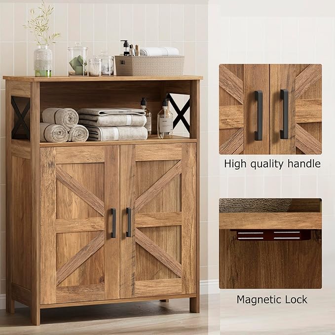 Homhedy Farmhouse Bathroom Storage Cabinet with 2 Doors, Toilet Paper Cabinet with Adjustable Shelves, Small Bathroom Cabinet for Kitchen/Laundry/Living Room, 11.8 x 23.6 x 31.5 Inches, Rustic Walnut