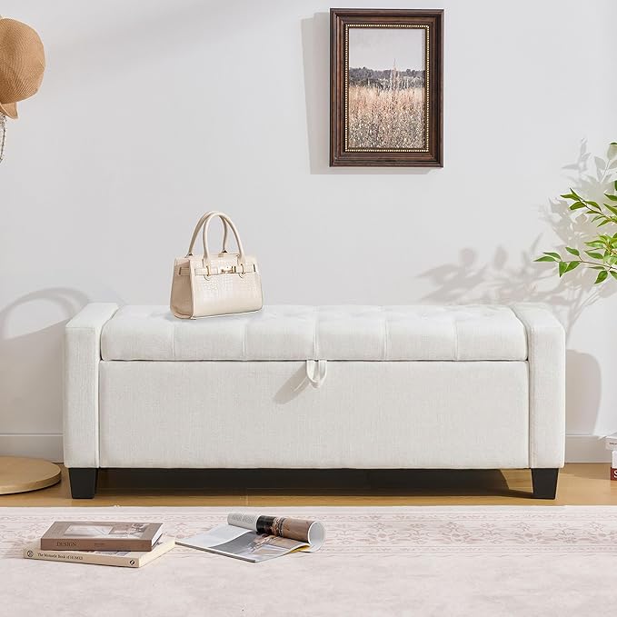 Huatean Home 43" Ottoman with Storage, White Storage Ottoman Bench with Safety Hinge, Upholstered Entryway Bench with Seating for Bedroom, Living Room, Holds up to 330 lb