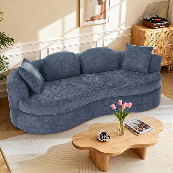 95” Modern Curved Sofa, Chenille Fabric Comfy Cloud Couch, No Assembly Required Half Moon Couch with Deep Seat, 4 Pillows for Living Room, Apartment, Bedroom