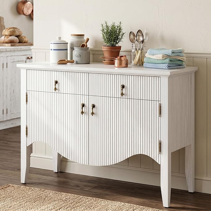 FUSUNBAO 40" Retro Buffet Cabinet with Storage, Fluted Sideboard Credenza with Drawer, Accent Bar Cabinet for Living Room Furniture, Coffee Bar or Entryway, Dining Room, White