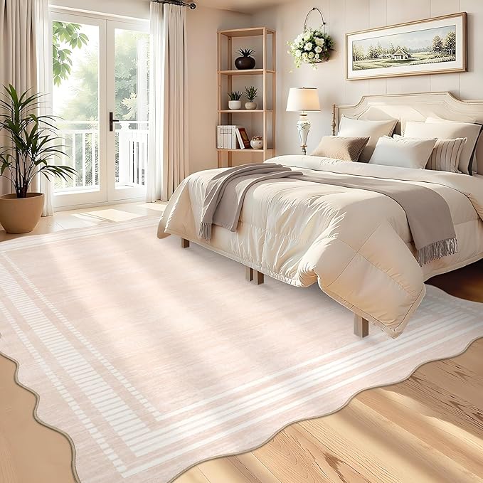 Garvee Washable Rug 8x10 Area Rugs for Living Room Bedroom, Non Slip Low Pile Solid Neutral Soft Carpet, Modern Scalloped Pattern, Faux Wool Floor Mats for Dining Room Home Office, Natural Ivory