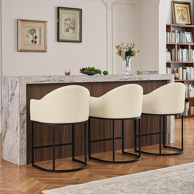 26" Modern Counter Height Bar Stools,Barstools with Arms,Kitchen Island Chairs,PU Leather Upholstered Barrel Bar Stools with Backs,Metal Black Frames,Beige White Leather