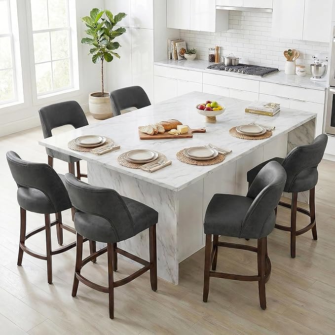 VKNOW 26" Bar Stools Set of 6, Faux Leather Counter Height Bar Stools with Backrest and Rubberwood Legs, Upholstered Barstools for Kitchen Island, Bar and Dining Room, Black