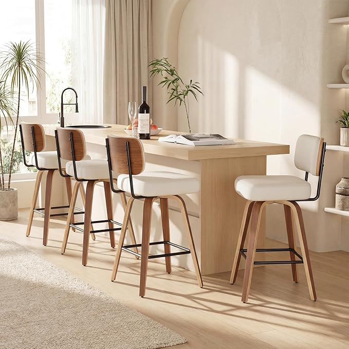 Swivel Bar Stools Set of 4, 26" Faux Leather Upholstered Counter Height Barstools with Back & Bentwood Legs, Mid Century Modern Bar Chairs Island Stools for Kitchen Counter, Cream White