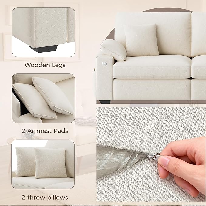 88.58" 3 Seats Deep Seat Sofa Couch, Beige | Side Storage, Removable Cover, Wide Armrest, Fabric, For Small Space