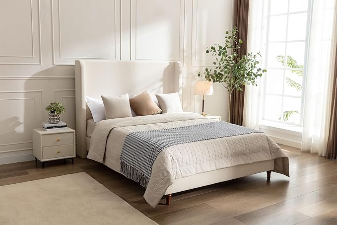 California King Size Upholstered Bed Frame, 54" Tall Headboard Wingback Platform Bed Frames, Elegant Simplicity/Strong Wood Slats Support/No Box Spring Needed/No Noise, Beige Boucle