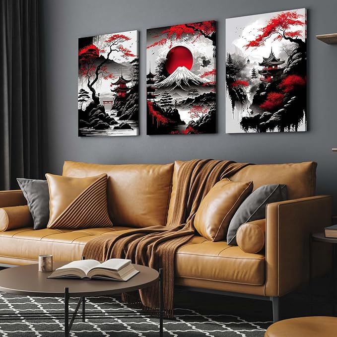 3 Piece Framed Canvas Wall Art Japanese Landscape Wall Decor with Red Sun, Mount Fuji, Pagoda & Cherry Blossom, Modern Asian Artwork for Living Room Bedroom Office, 12x16 Inch